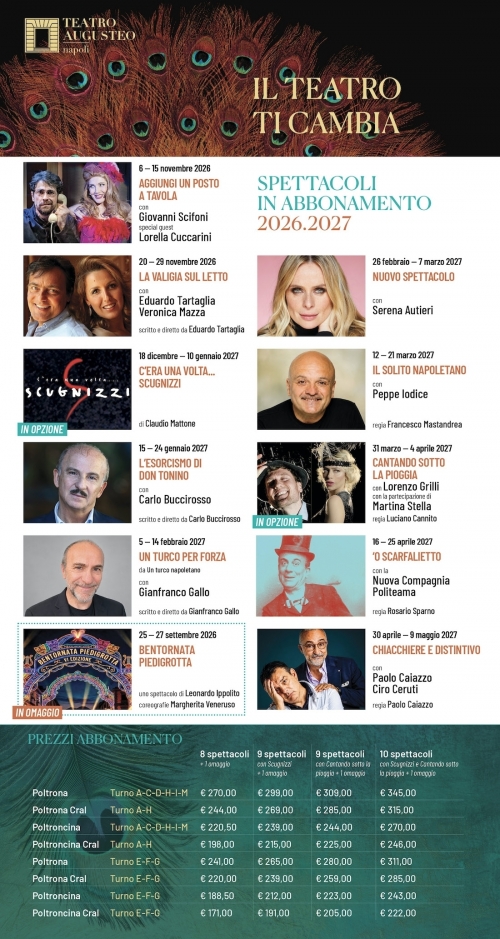 STAGIONE TEATRALE 2026.2027 - TEATRO AUGUSTEO - Napoli